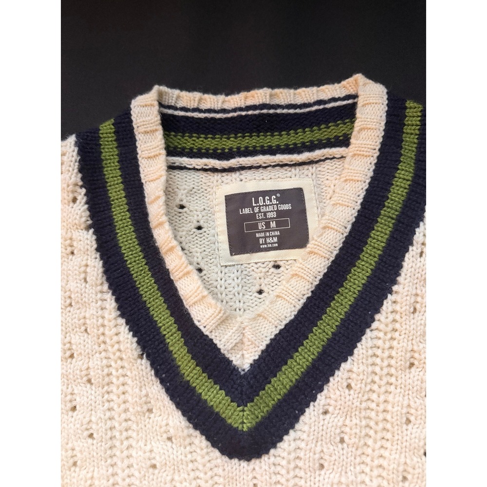 LOGG H&M Mens Wool Blend V-Neck Varsity Stripe Cable Knit Sweater Cream M Preppy - Picture 4 of 12